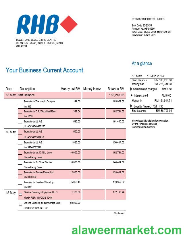 RHB Bank company checking account statement Word and PDF template